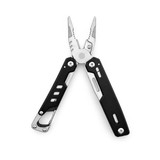 A multi-tool with metallic pliers and black handles, featuring various tools and a carabiner attachment.