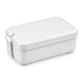 A white double tray lunchbox with a secure lid, featuring an integrated handle for easy carrying.