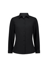 A black long sleeve women's shirt with a button-up front and a fitted design, featuring a logo.