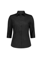 A black women's shirt featuring a 3/4 sleeve design and a button-up front, with a branding logo.