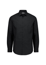A black slim fit long sleeve shirt with a button-down front and a collar. It features a logo on the chest.