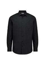 A black long sleeve shirt with a classic fit and a single chest pocket, featuring a logo on the label.