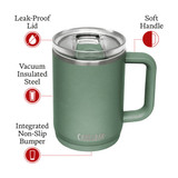 A drink bottle in green featuring a leak-proof lid, soft handle, and vacuum insulated stainless steel design.