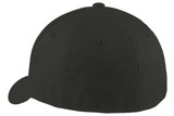 A black Port Authority Flexfit cap featuring a curved brim and a logo on the side.