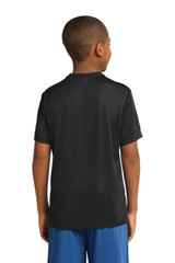 A youth black T-shirt made from lightweight material, featuring a logo on the back.