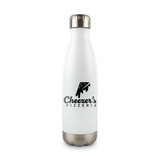 A drink bottle in white with a stainless steel base and a logo design on the front.