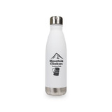 A drink bottle in white with a stainless steel base, featuring a logo and mountain graphic.