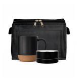 A black espresso coffee cup with a cork base and a matching speaker, placed in a black zippered pouch.