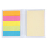 A set of sticky notes in various bright colours, including pink, orange, yellow, green, and blue, in a clear holder.