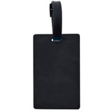 A black luggage tag with a smooth surface and a matching strap for attachment. A black luggage tag with a smooth surface and a matching strap for attachment.