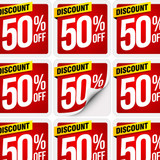 A grid of square stickers featuring a red background with a discount label, displaying 50% off. A grid of square stickers featuring a red background with a discount label, displaying 50% off.