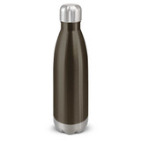 A drink bottle with a sleek design, featuring a dark metallic body and a silver, rounded cap.