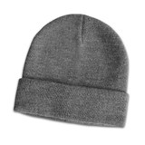 A grey wool blend beanie with a folded cuff and a smooth texture, featuring a logo on the side. A grey wool blend beanie with a folded cuff and a smooth texture, featuring a logo on the side.