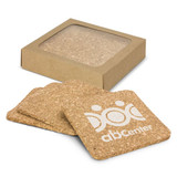 A square set of four natural cork coasters in a box, featuring a logo on the side. A square set of four natural cork coasters in a box, featuring a logo on the side.
