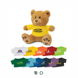 A fluffy brown teddy bear wearing a bright yellow shirt with a logo, surrounded by miniature shirts in various colours. A fluffy brown teddy bear wearing a bright yellow shirt with a logo, surrounded by miniature shirts in various colours.