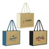 Three jute tote bags in natural, teal, and black, featuring logos and branding on the front. Three jute tote bags in natural, teal, and black, featuring logos and branding on the front.