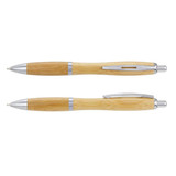 A bamboo pen featuring a sleek design with silver accents and a polished barrel. The pen has a branding logo. A bamboo pen featuring a sleek design with silver accents and a polished barrel. The pen has a branding logo.