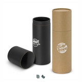 A drink bottle gift tube in black and brown, featuring logos, with a cylindrical design and removable lids. A drink bottle gift tube in black and brown, featuring logos, with a cylindrical design and removable lids.