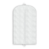 A white garment bag with a curved top and a zipper closure, featuring a handle for easy carrying. A white garment bag with a curved top and a zipper closure, featuring a handle for easy carrying.