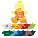 A yellow duck plush toy wearing an orange shirt, surrounded by various small shirts in different colours.