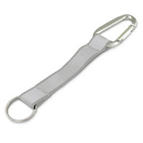 A silver reflector key ring featuring a durable strap and a metal carabiner clip. A silver reflector key ring featuring a durable strap and a metal carabiner clip.