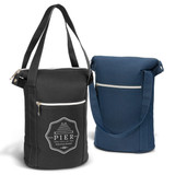 A black and a navy cooler bag with zippers and shoulder straps, featuring a logo on the black bag.