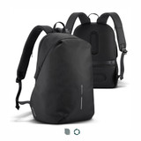 A black backpack with a sleek design, featuring padded straps and a logo, shown from the front and back perspectives. A black backpack with a sleek design, featuring padded straps and a logo, shown from the front and back perspectives.