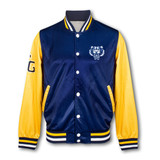 A navy and yellow custom varsity jacket featuring a logo on the front and stripes on the cuffs and collar.