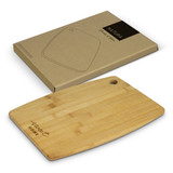 A bamboo chopping board in a natural finish, displayed on a kraft paper boxed packaging, with a logo. A bamboo chopping board in a natural finish, displayed on a kraft paper boxed packaging, with a logo.