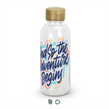 A drink bottle with a clear body and a wooden lid, featuring colourful text designs. A drink bottle with a clear body and a wooden lid, featuring colourful text designs.