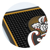 A large PVC bar runner in black with a textured surface and a decorative logo design in gold and white. A large PVC bar runner in black with a textured surface and a decorative logo design in gold and white.