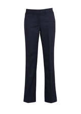A pair of dark navy relaxed pants with a straight leg and front pockets. The pants feature a button closure and a logo.
