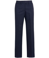 A pair of navy blue relaxed pants with a straight leg design and a front button closure. Features a logo.