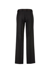 A pair of black women's slacks featuring an adjustable waist and a straight-leg design, with a logo on the waistband. A pair of black women's slacks featuring an adjustable waist and a straight-leg design, with a logo on the waistband.