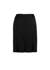 A black multi-pleat skirt featuring a zip closure and a sleek design, with a logo on the waistband.