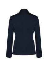 A dark navy mid-length women's blazer with a two-button closure and long sleeves, featuring a logo. A dark navy mid-length women's blazer with a two-button closure and long sleeves, featuring a logo.
