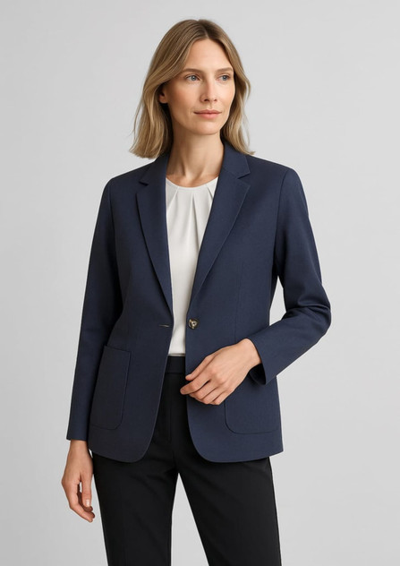 A navy women's blazer with a tailored fit, featuring pockets and a single button closure. A navy women's blazer with a tailored fit, featuring pockets and a single button closure.