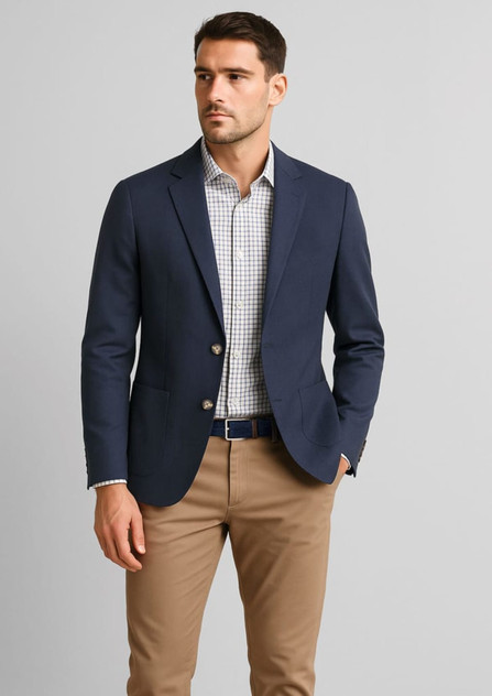 A navy men's blazer displayed on a model, paired with a checkered shirt and beige trousers. A navy men's blazer displayed on a model, paired with a checkered shirt and beige trousers.