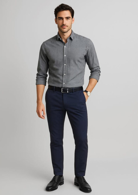 A man wearing a grey checkered shirt and navy tapered stretch chino pants, standing confidently.
