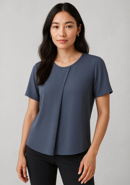 A navy short sleeve T-shirt featuring a simple design and a round neckline, with a slight pleat detail at the front. A navy short sleeve T-shirt featuring a simple design and a round neckline, with a slight pleat detail at the front.