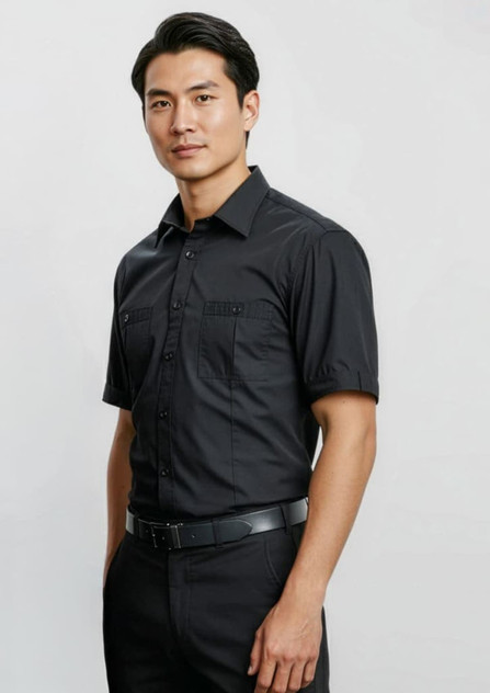 A black short sleeve button-up shirt featuring two chest pockets and a subtle logo.