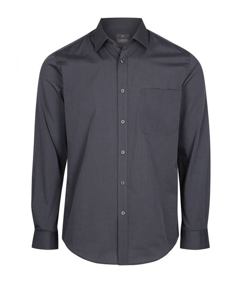 A dark grey button-up shirt with long sleeves and a single chest pocket. The shirt features a logo. A dark grey button-up shirt with long sleeves and a single chest pocket. The shirt features a logo.