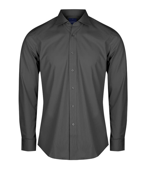 A dark grey button-up shirt with long sleeves and a collar, featuring a subtle logo.