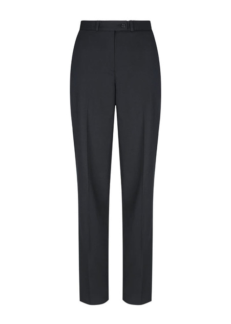 A pair of black trousers with a straight-leg cut and a fitted waistband, featuring belt loops and a button closure.