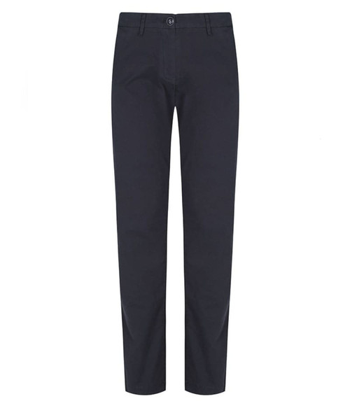 A pair of black chinos with a button and logo on the waistband, featuring straight legs and pockets.