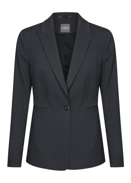 A dark grey blazer with a single button closure and a lapel collar, featuring a logo inside.