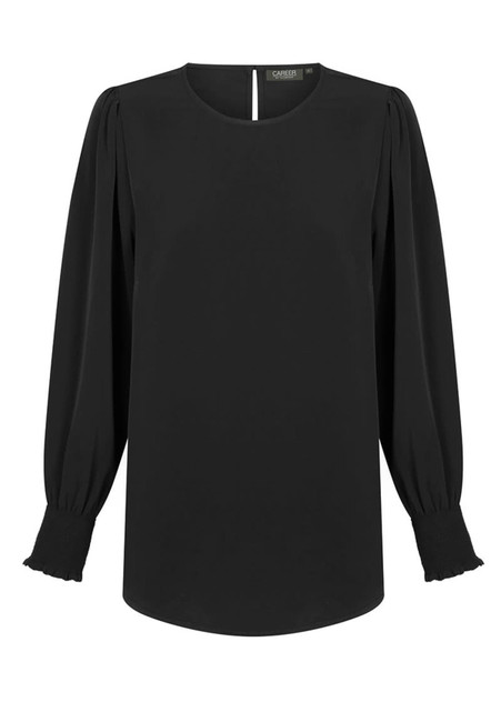 A black blouse with a round neckline, puffed long sleeves, and shirred cuffs. It features a keyhole detail at the back. A black blouse with a round neckline, puffed long sleeves, and shirred cuffs. It features a keyhole detail at the back.