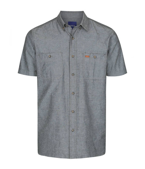 A short-sleeved work shirt in grey with two chest pockets and a logo. Suitable for various work environments. A short-sleeved work shirt in grey with two chest pockets and a logo. Suitable for various work environments.