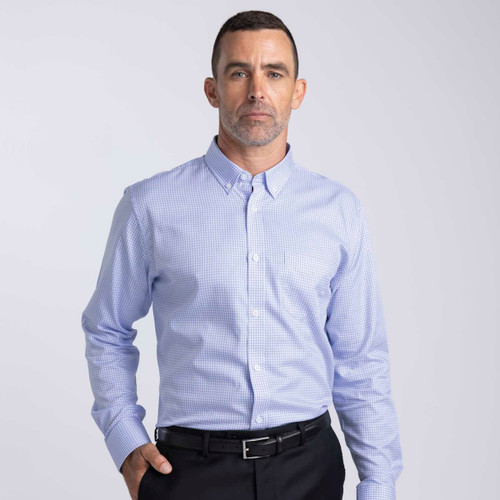 A men's button-up shirt in a light blue check pattern, featuring long sleeves and a button collar.