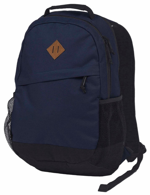 A navy and black backpack featuring a front pocket, side mesh pocket, and a simple logo.